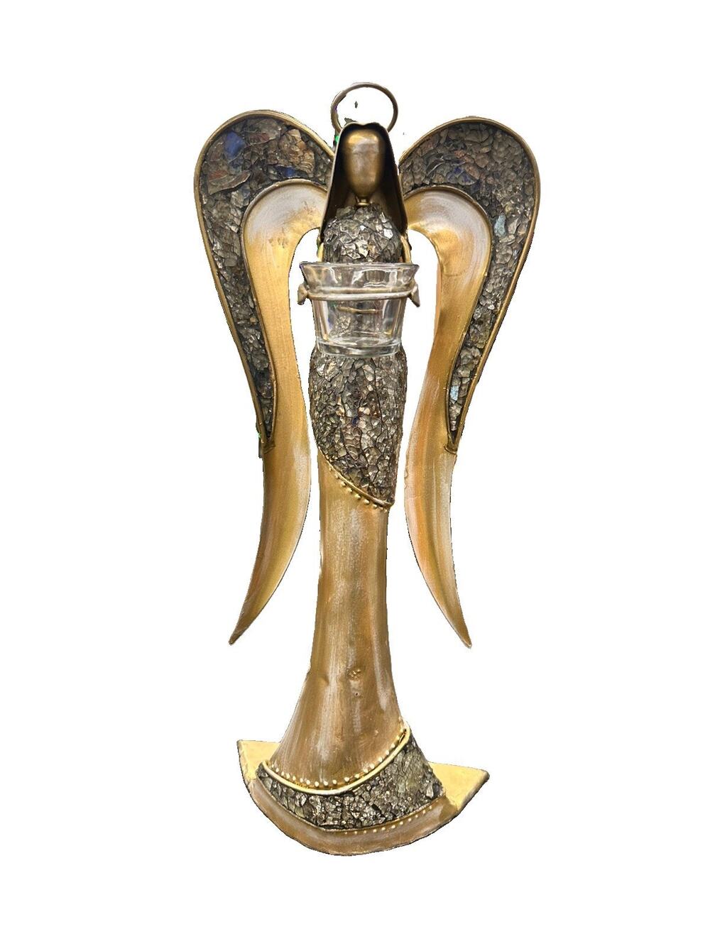 Vintage 1999 Pier 1 Brass & Glass Mosaic 19” Angel Candle Statue Gold Votive